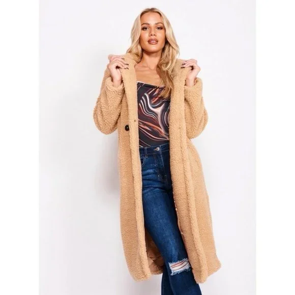 Camel Long Sleeve Hoodie Hooded Long Maxi Borg Teddy Bear Fur Coat - Picture 12 of 16